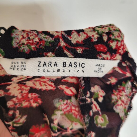 Zara Black Red Floral Print Ruffle Bib Long Sleeve Sheer Blouse Shirt Size XS - Picture 9 of 13
